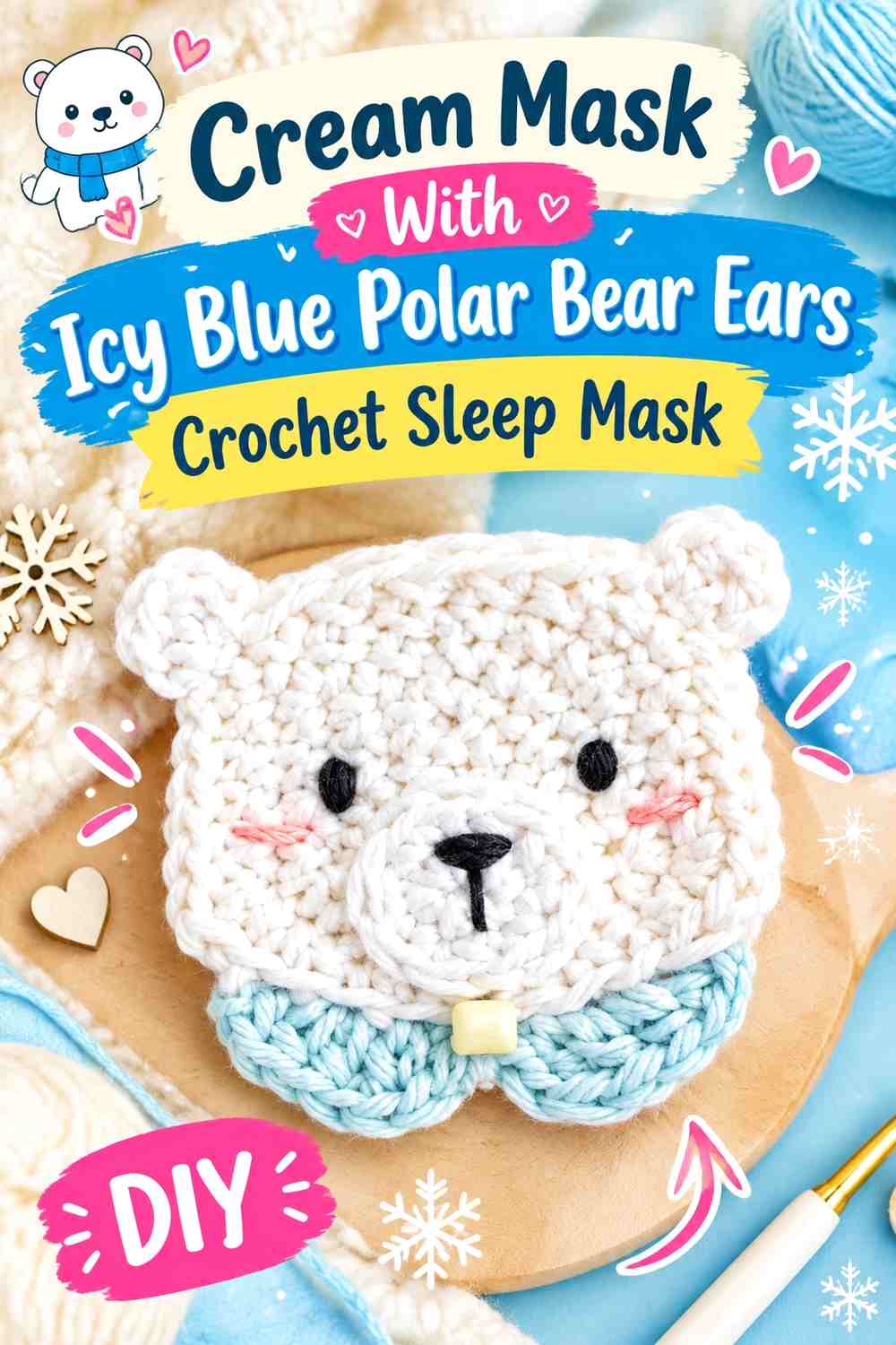 Cream Mask With Icy Blue Polar Bear Ears Crochet Sleep Mask