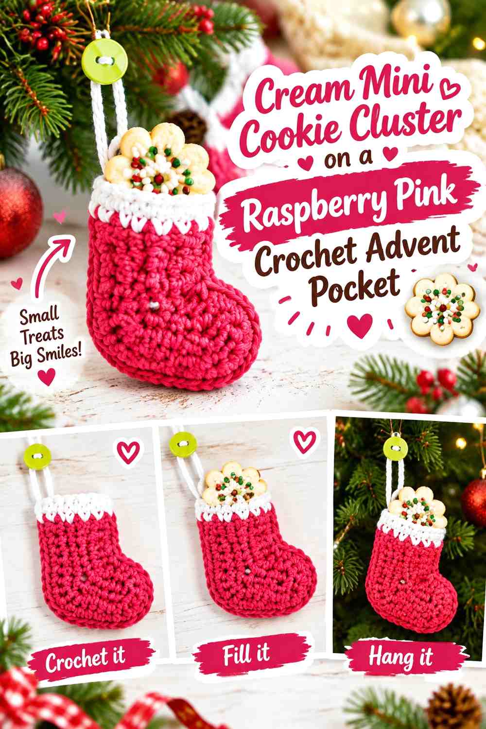 Cream Mini Cookie Cluster on a Raspberry Pink Crochet Advent Pocket