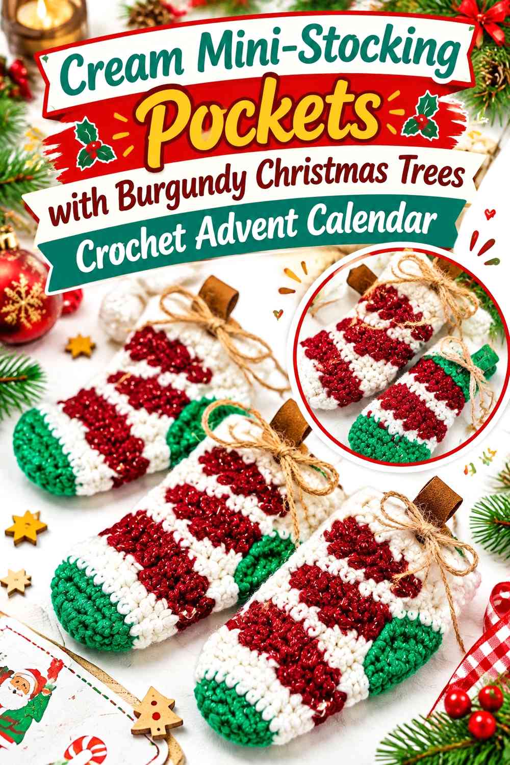 Cream Mini-Stocking Pockets with Burgundy Christmas Trees Crochet Advent Calendar