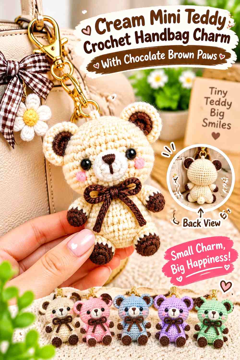 Cream Mini Teddy Crochet Handbag Charm With Chocolate Brown Paws