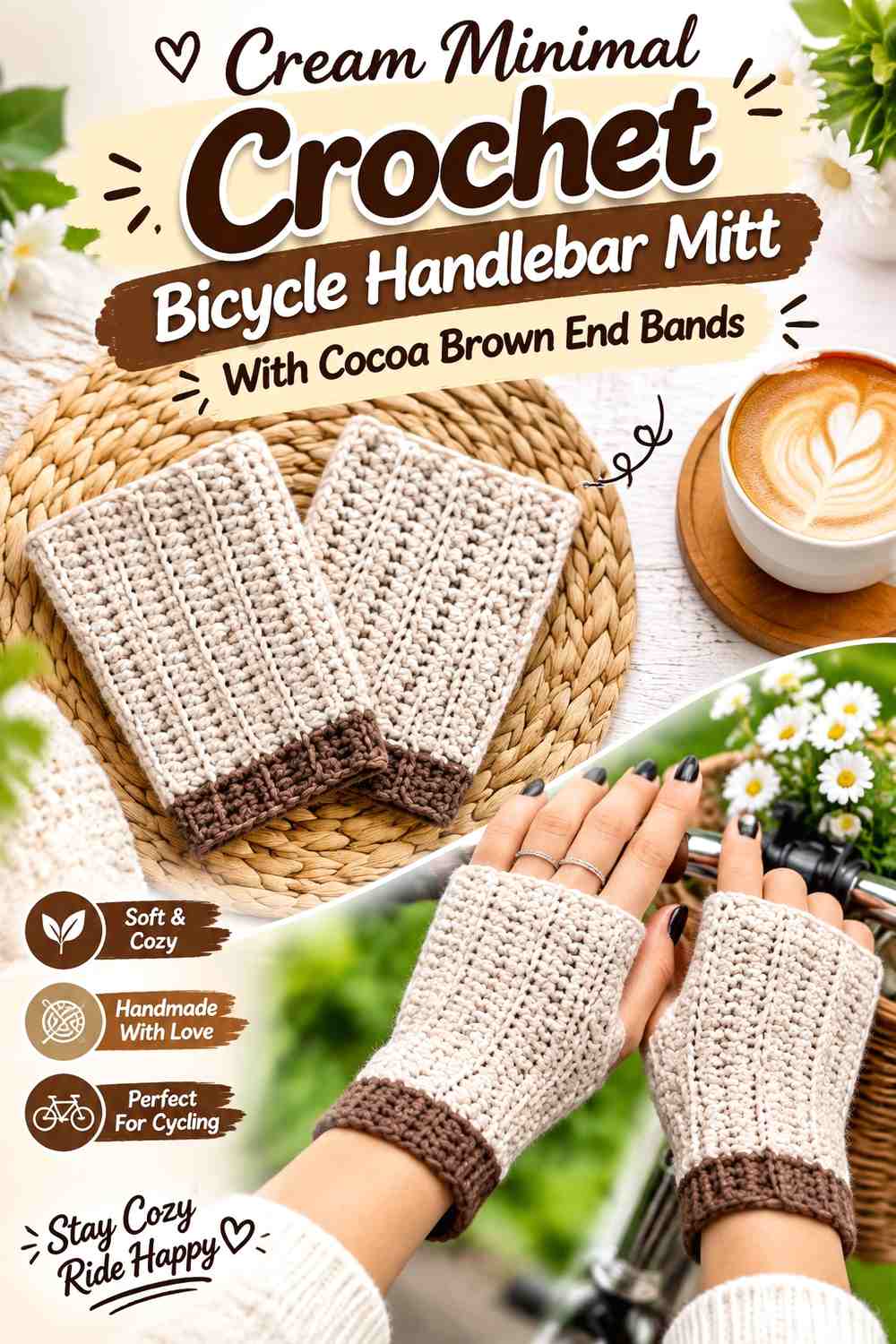 Cream Minimal Crochet Bicycle Handlebar Mitt With Cocoa Brown End Bands