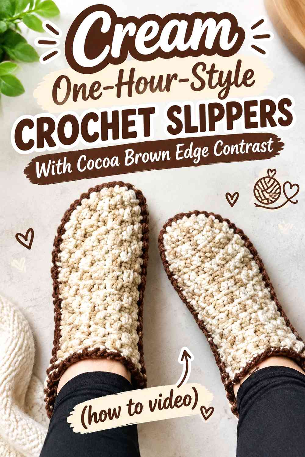 Cream One-Hour-Style Crochet Slippers With Cocoa Brown Edge Contrast