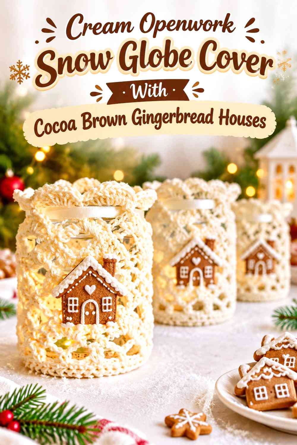 Cream Openwork Snow Globe Cover With Cocoa Brown Gingerbread Houses