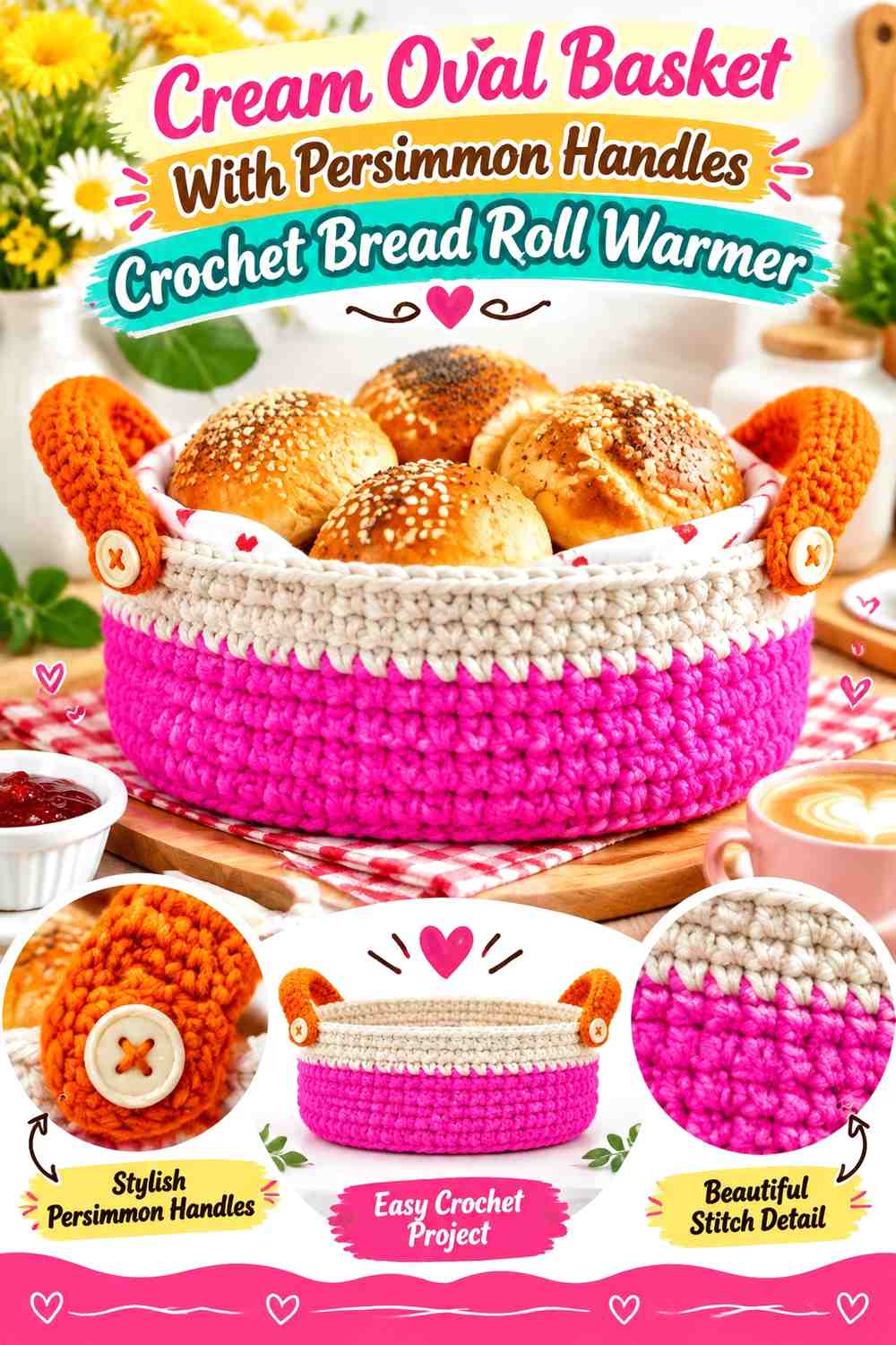 Cream Oval Basket With Persimmon Handles Crochet Bread Roll Warmer