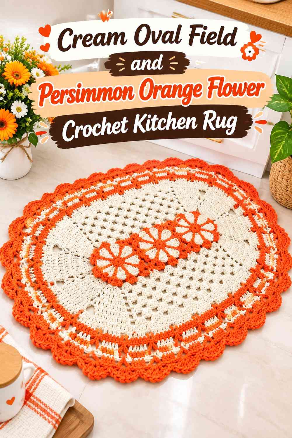 Cream Oval Field and Persimmon Orange Flower Crochet Kitchen Rug