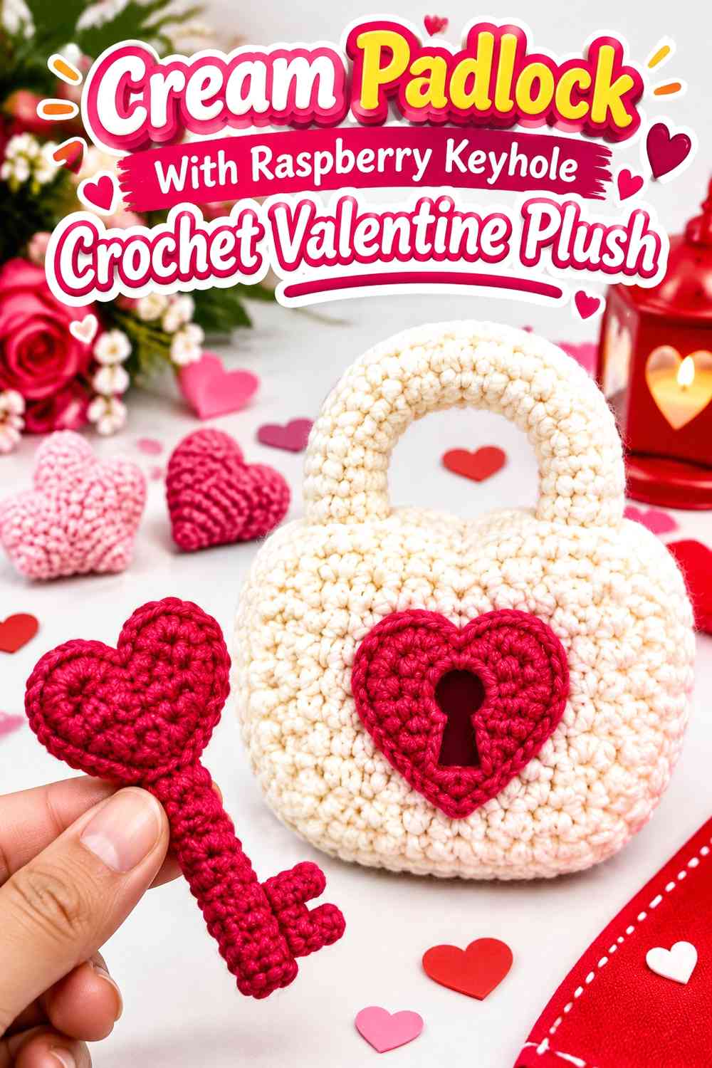 Cream Padlock With Raspberry Keyhole Crochet Valentine Plush