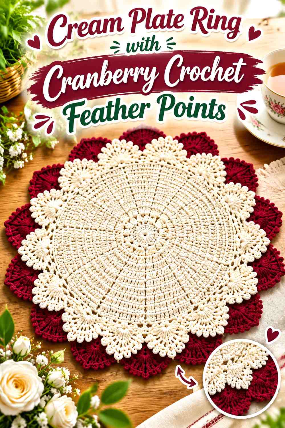 Cream Plate Ring with Cranberry Crochet Feather Points