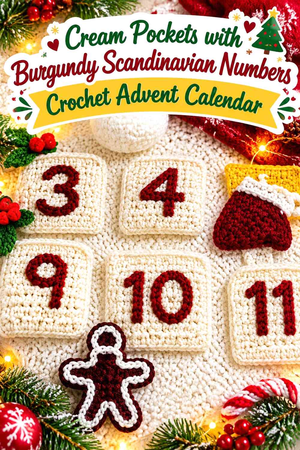Cream Pockets with Burgundy Scandinavian Numbers Crochet Advent Calendar