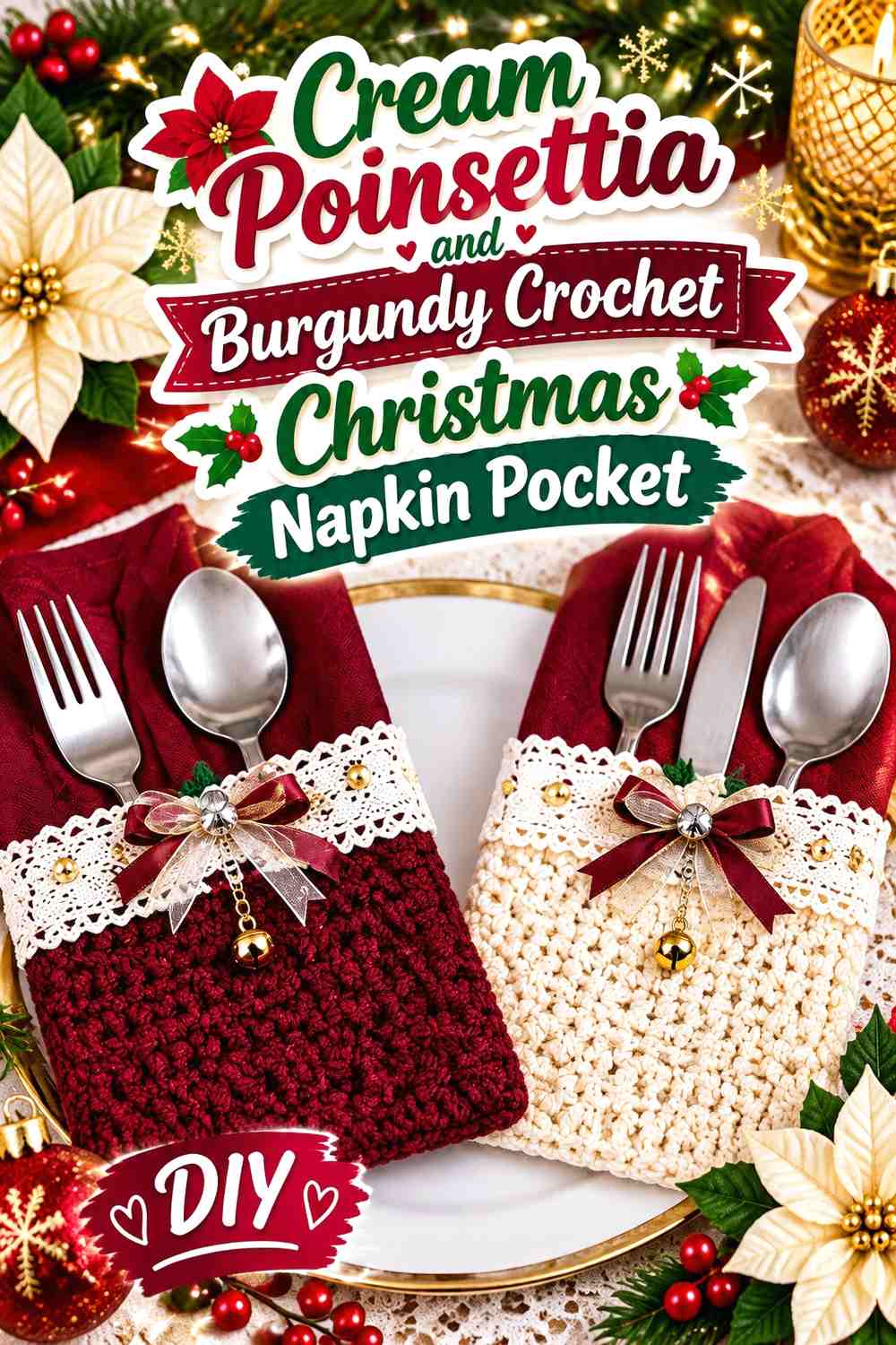 Cream Poinsettia and Burgundy Crochet Christmas Napkin Pocket
