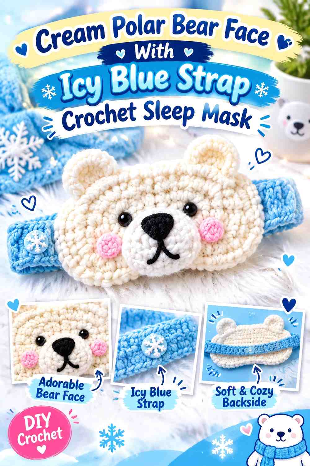 Cream Polar Bear Face With Icy Blue Strap Crochet Sleep Mask