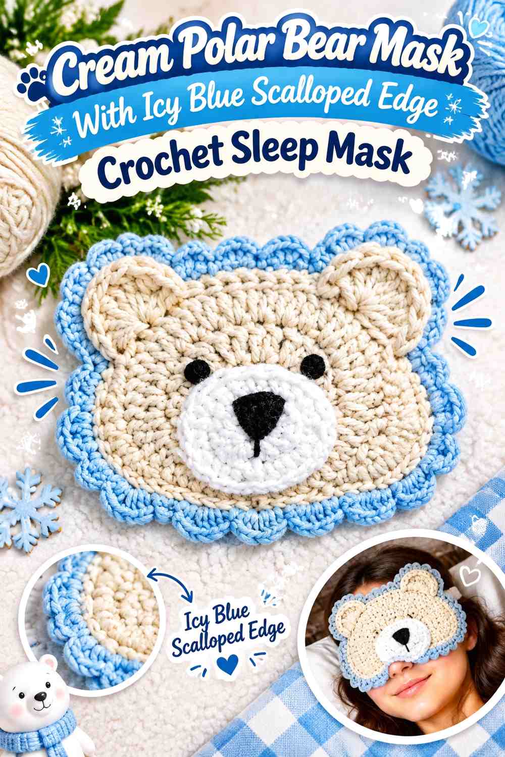 Cream Polar Bear Mask With Icy Blue Scalloped Edge Crochet Sleep Mask