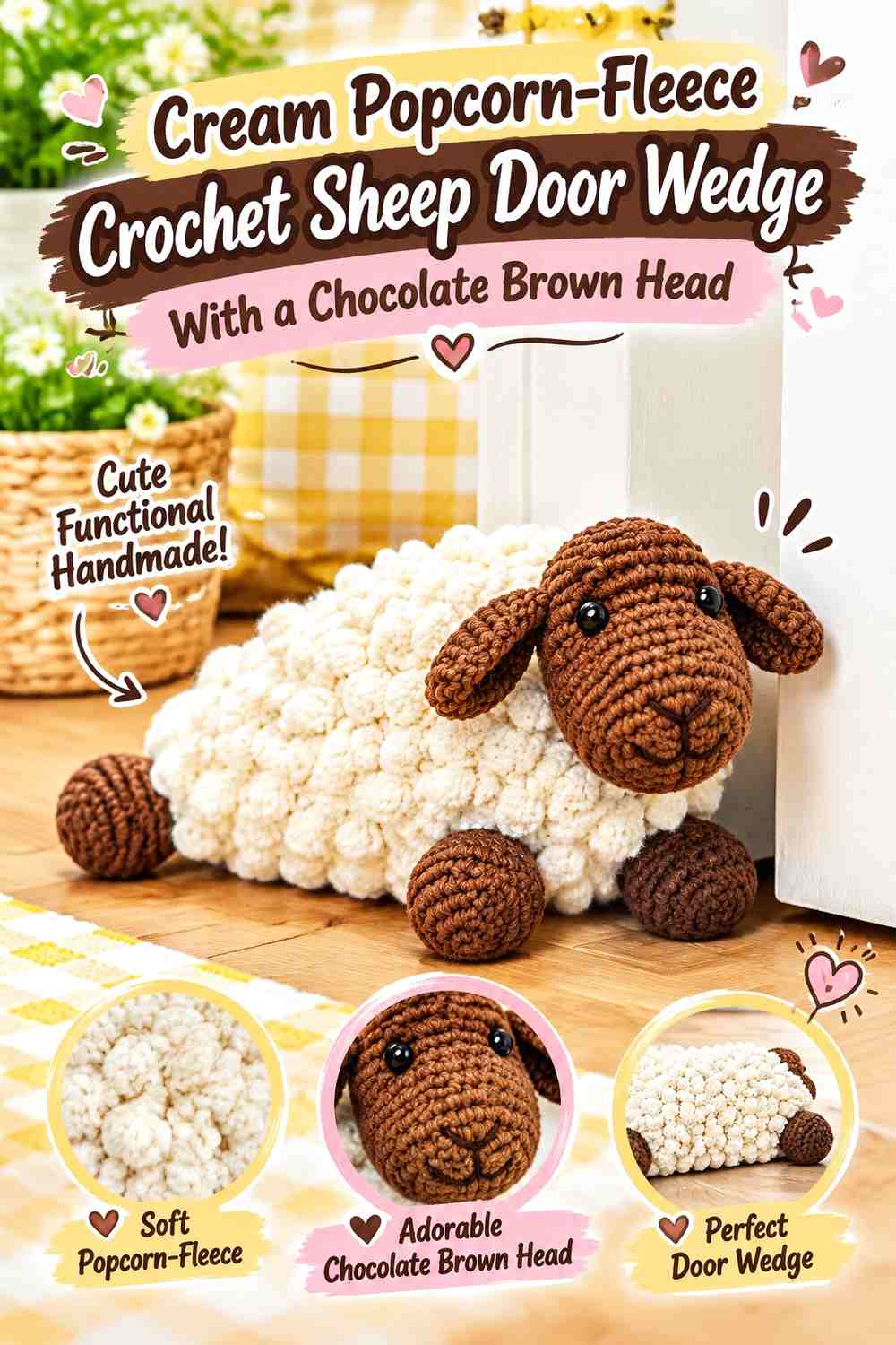 Cream Popcorn-Fleece Crochet Sheep Door Wedge With a Chocolate Brown Head