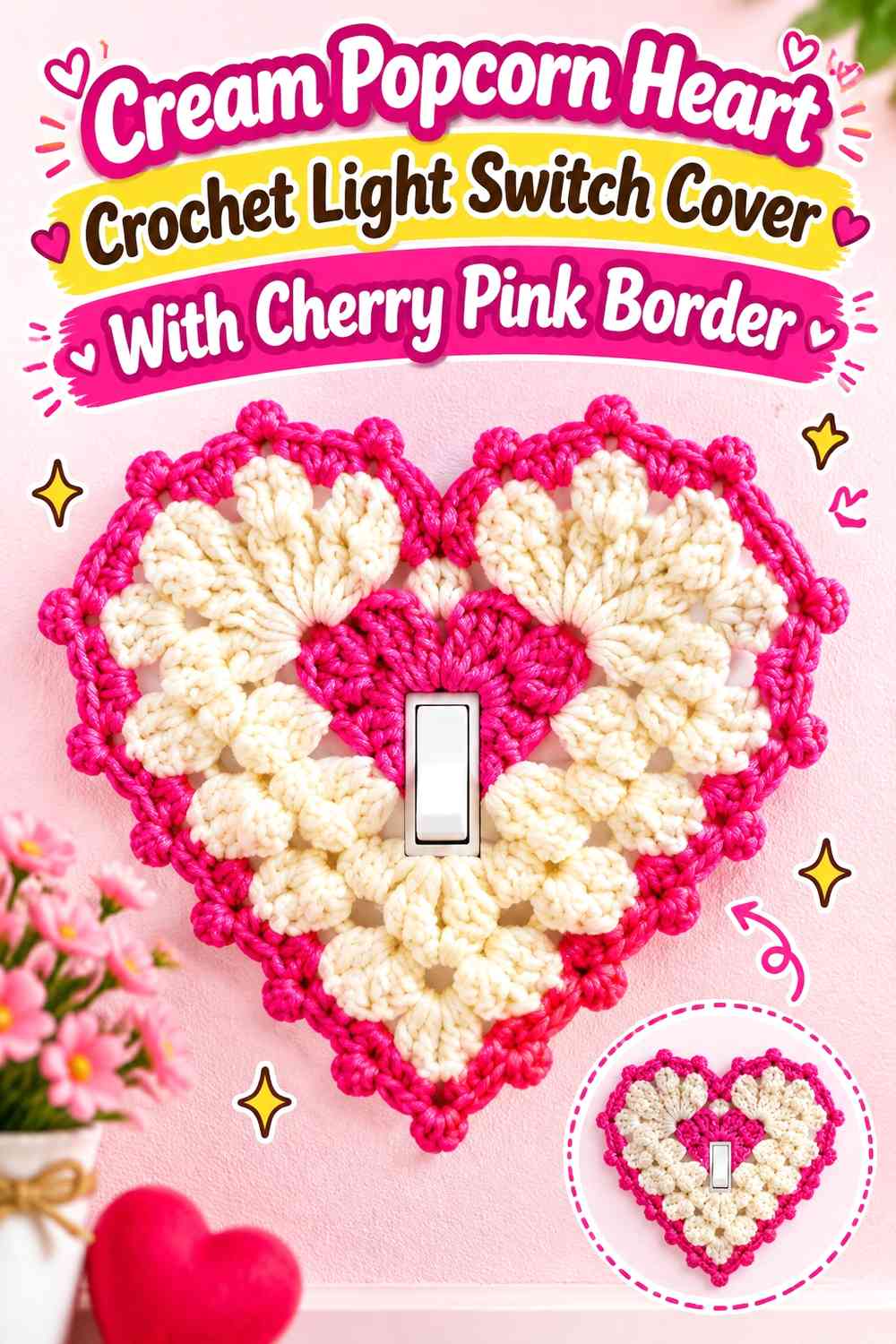 Cream Popcorn Heart Crochet Light Switch Cover With Cherry Pink Border