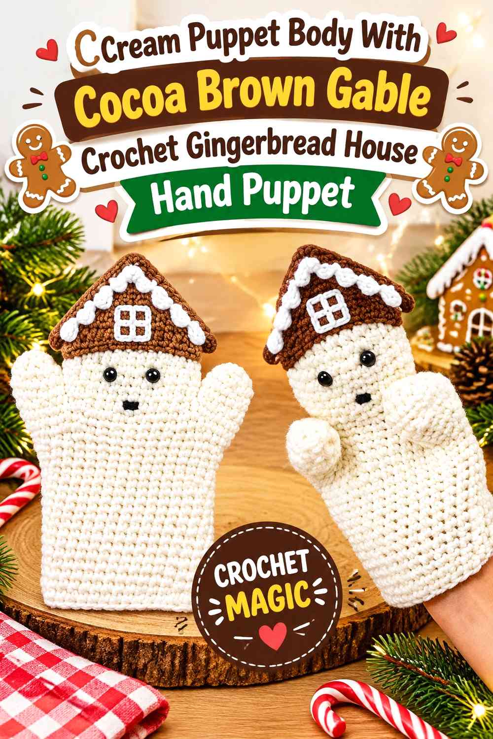Cream Puppet Body With Cocoa Brown Gable Crochet Gingerbread House Hand Puppet