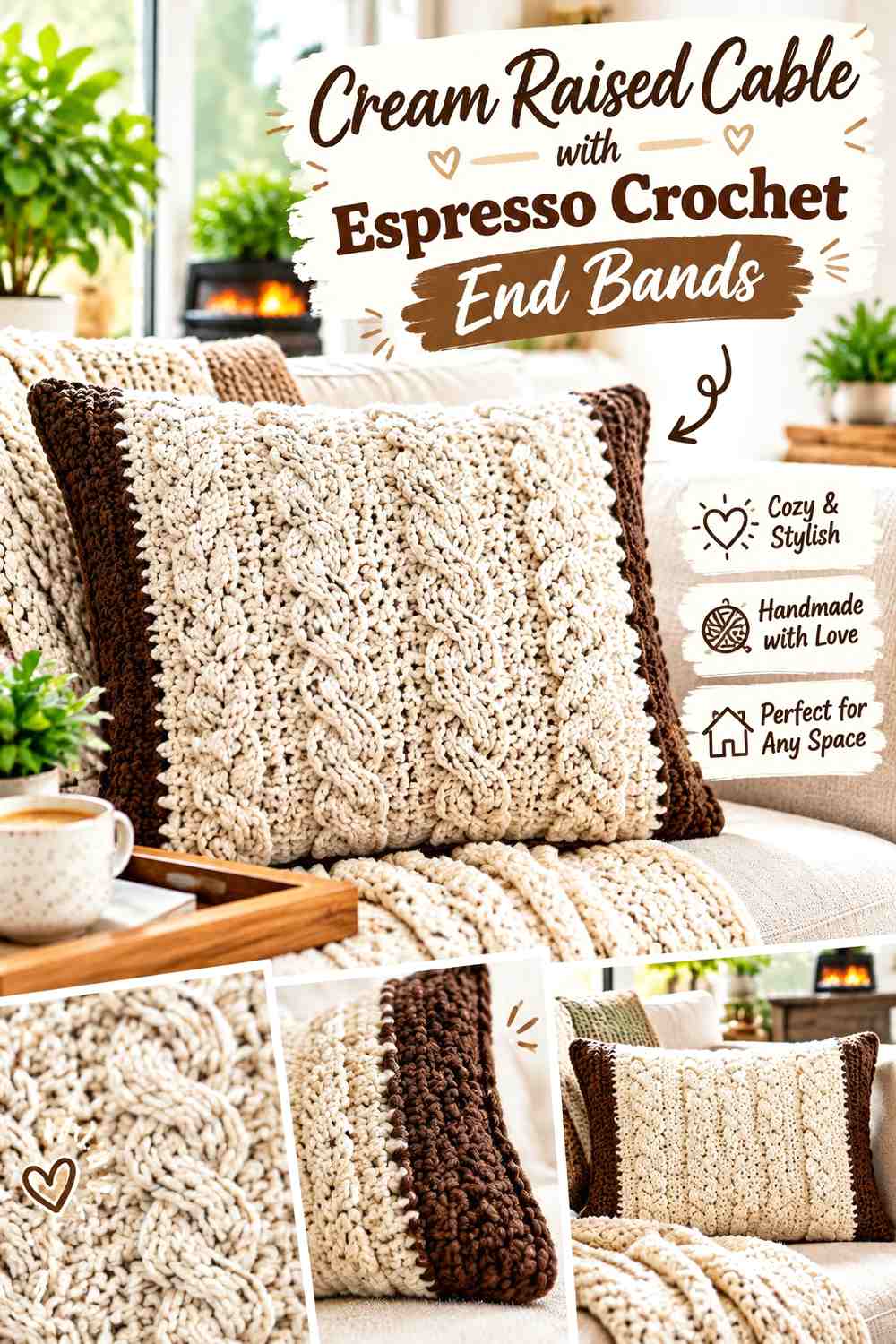 Cream Raised Cable with Espresso Crochet End Bands