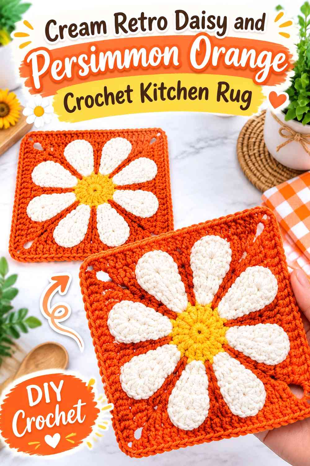 Cream Retro Daisy and Persimmon Orange Crochet Kitchen Rug