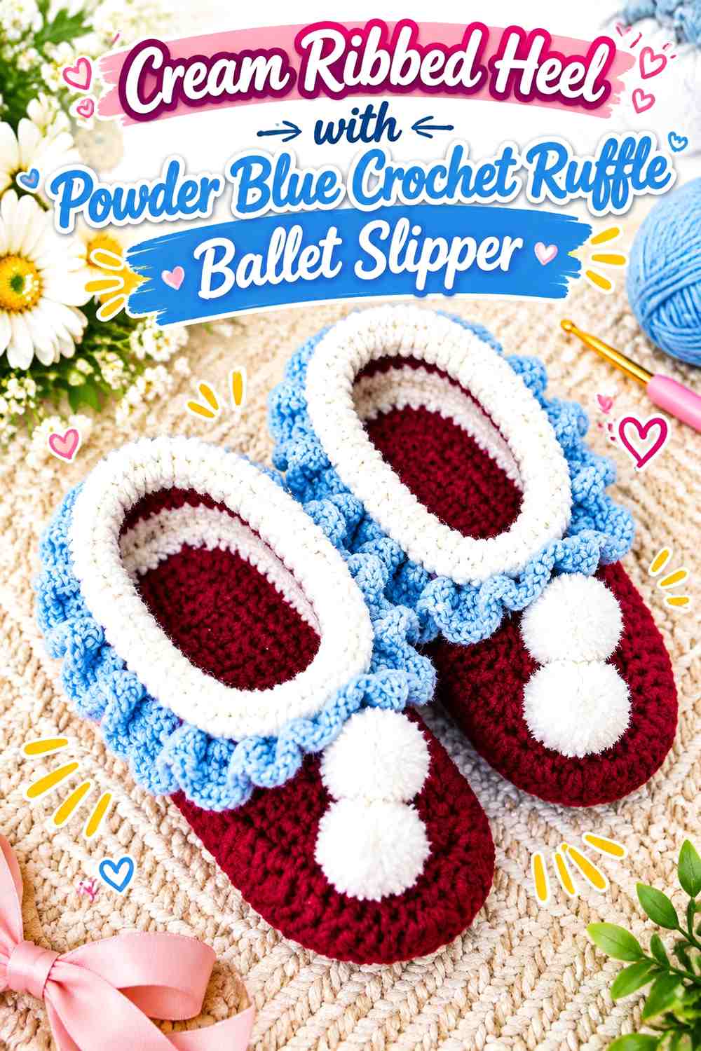 Cream Ribbed Heel with Powder Blue Crochet Ruffle Ballet Slipper