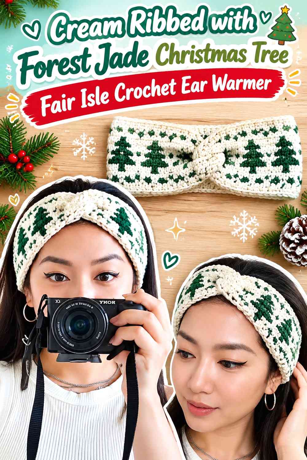 Cream Ribbed with Forest Jade Christmas Tree Fair Isle Crochet Ear Warmer