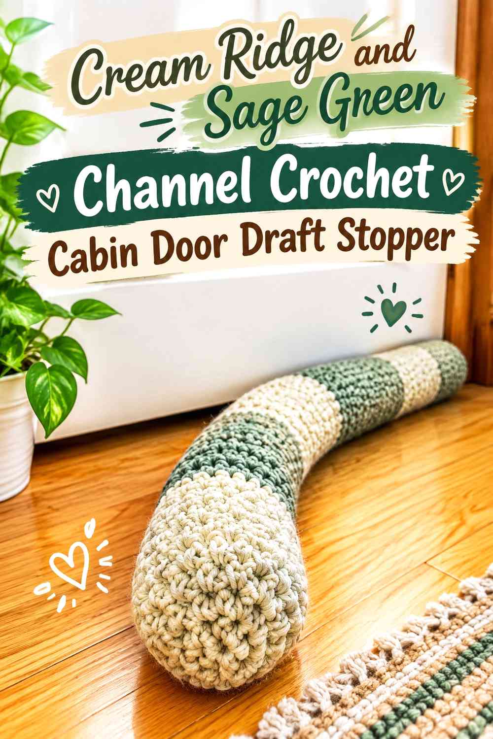 Cream Ridge and Sage Green Channel Crochet Cabin Door Draft Stopper