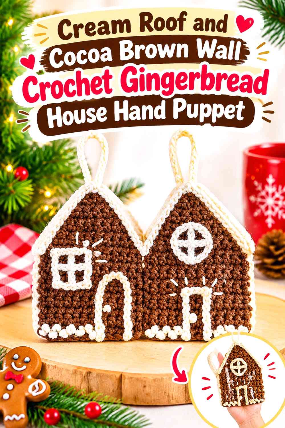 Cream Roof and Cocoa Brown Wall Crochet Gingerbread House Hand Puppet