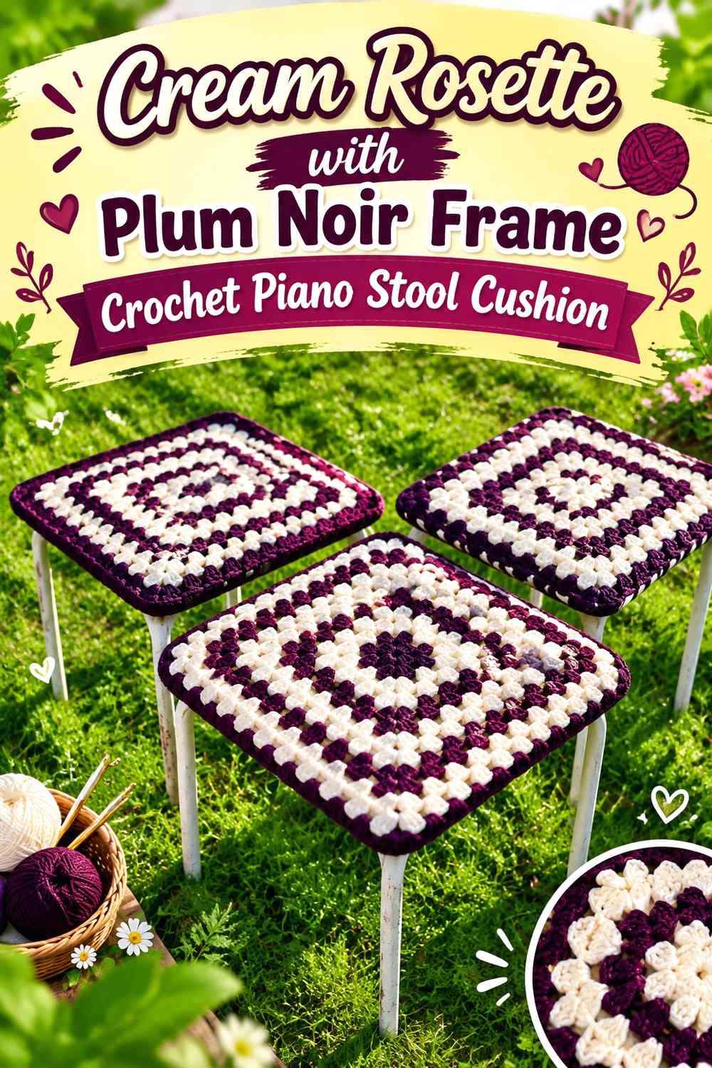 Cream Rosette with Plum Noir Frame Crochet Piano Stool Cushion