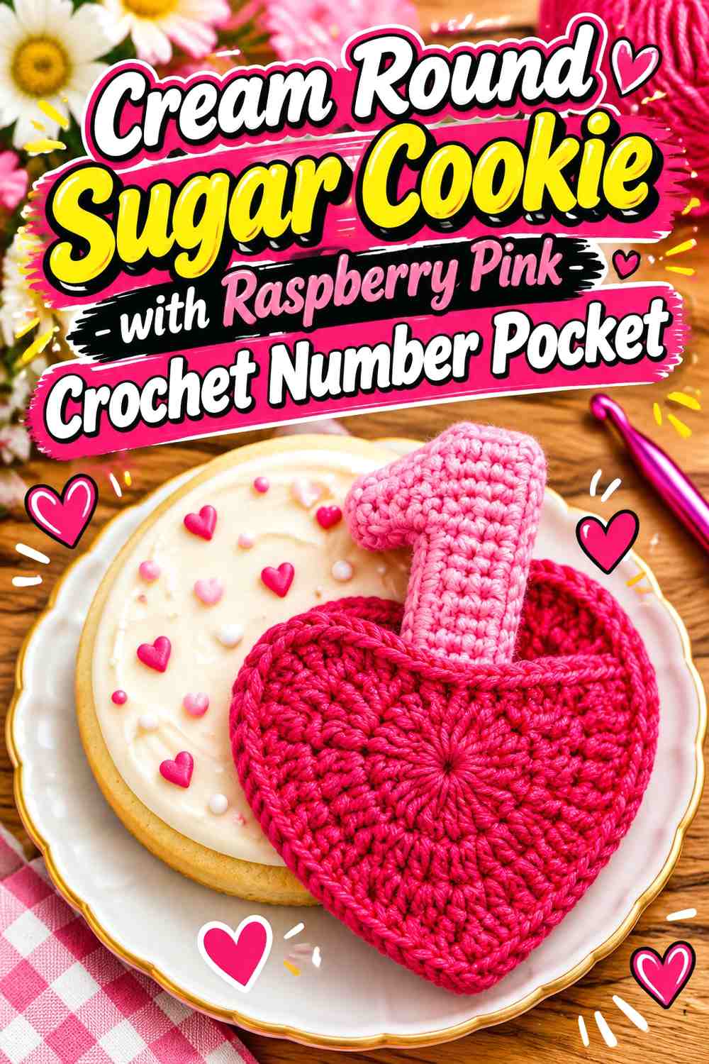Cream Round Sugar Cookie with Raspberry Pink Crochet Number Pocket