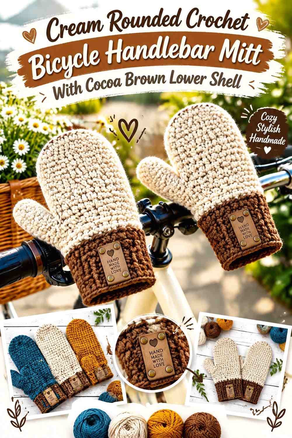 Cream Rounded Crochet Bicycle Handlebar Mitt With Cocoa Brown Lower Shell