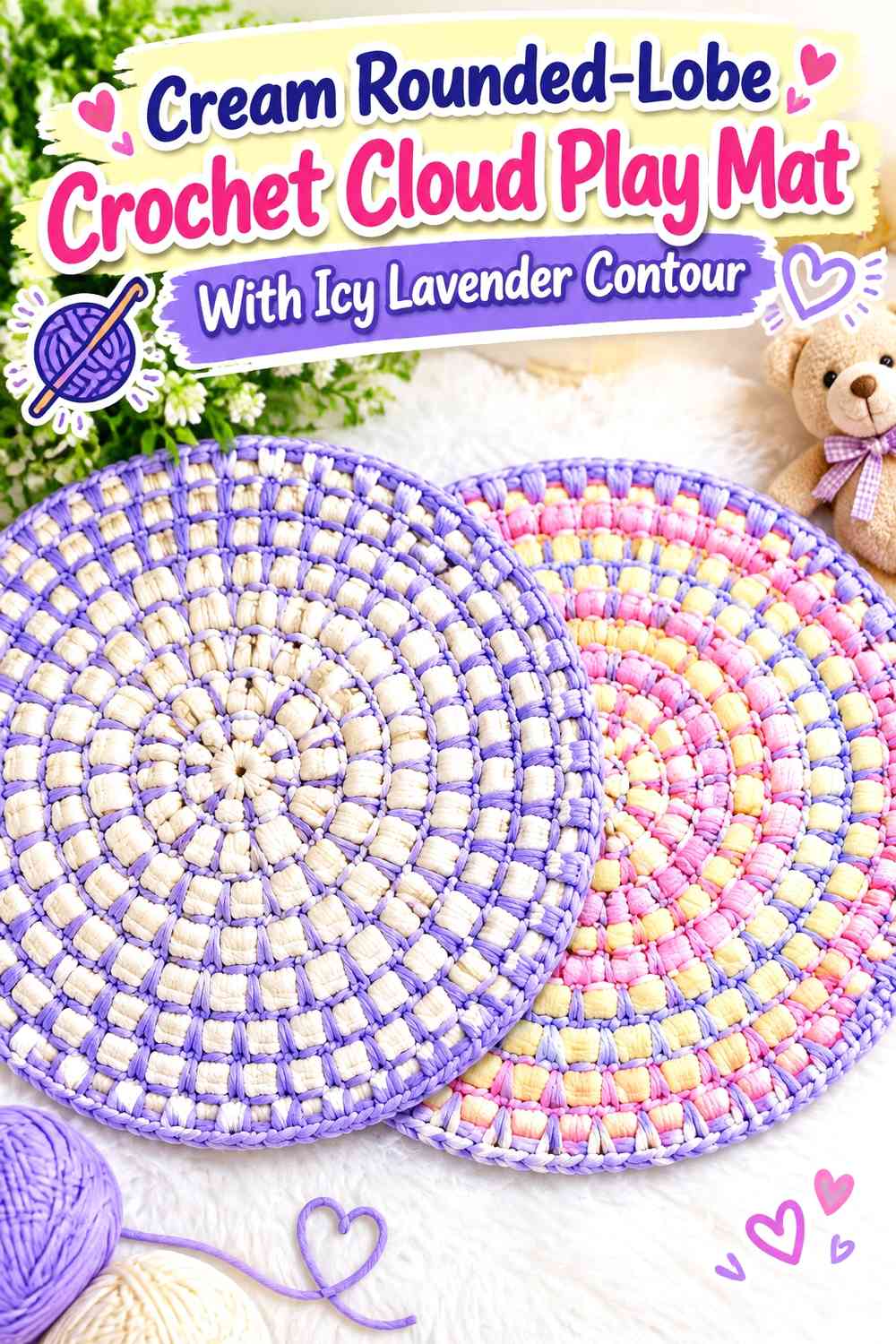 Cream Rounded-Lobe Crochet Cloud Play Mat With Icy Lavender Contour
