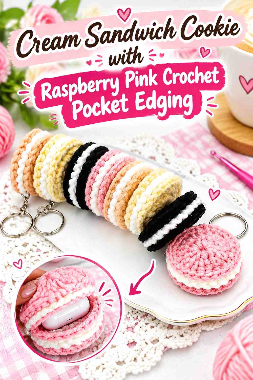 Cream Sandwich Cookie with Raspberry Pink Crochet Pocket Edging