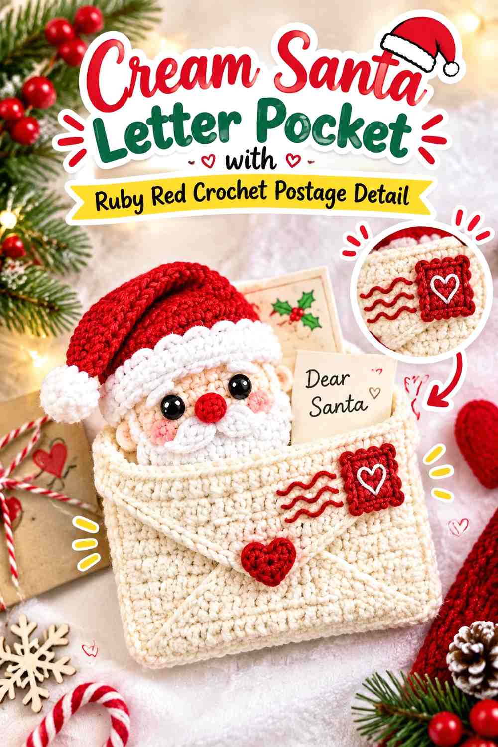 Cream Santa Letter Pocket with Ruby Red Crochet Postage Detail