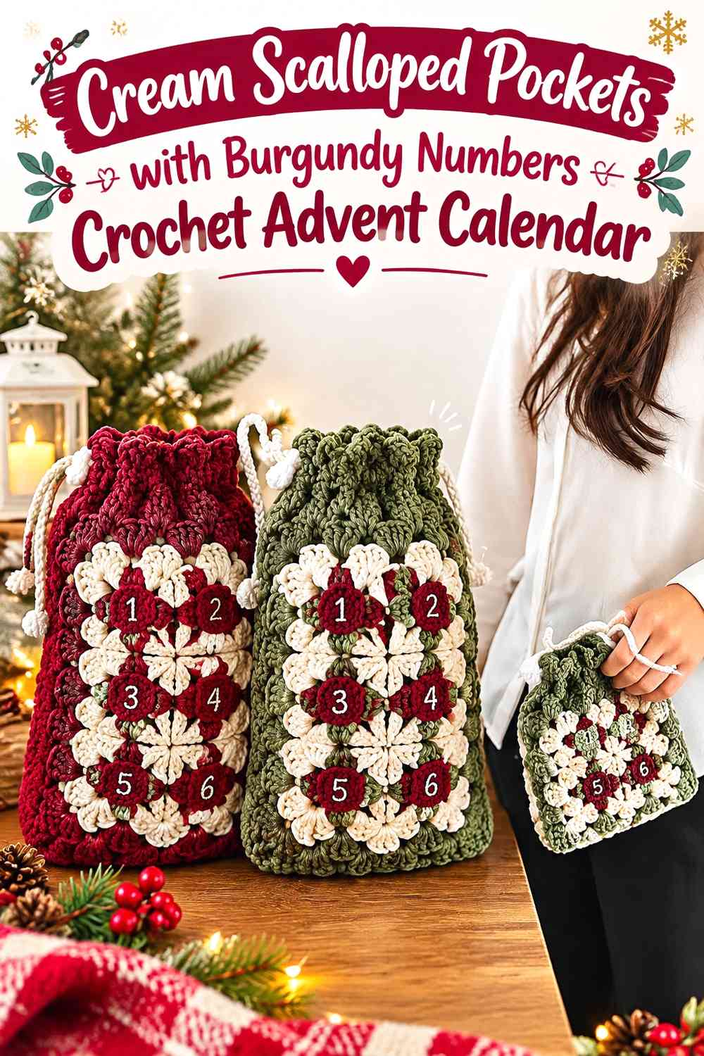 Cream Scalloped Pockets with Burgundy Numbers Crochet Advent Calendar