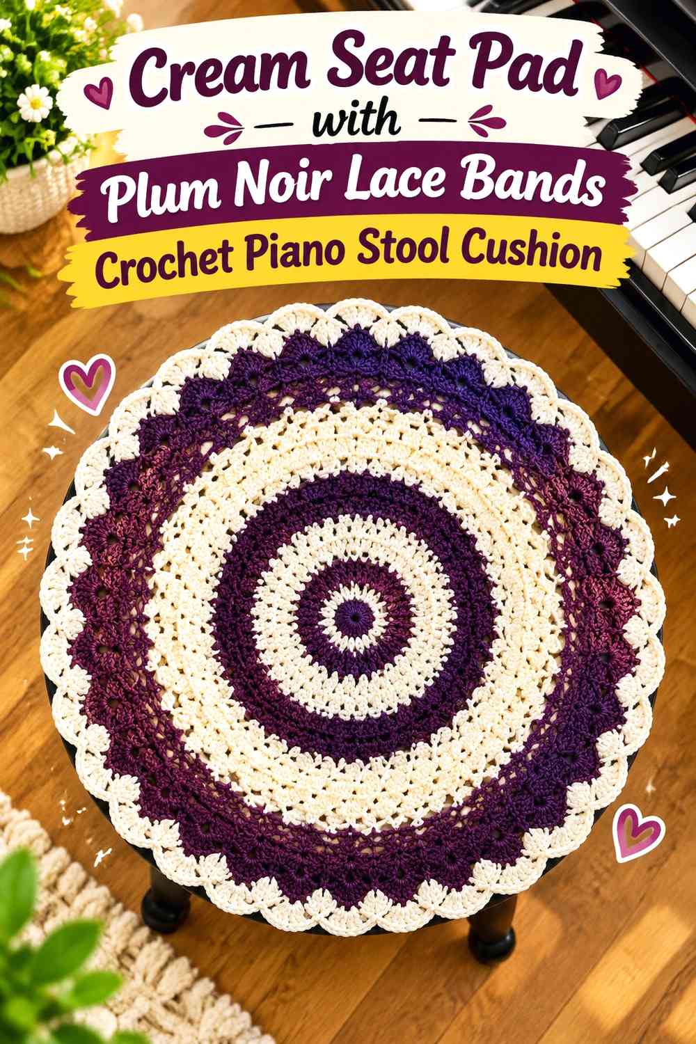 Cream Seat Pad with Plum Noir Lace Bands Crochet Piano Stool Cushion