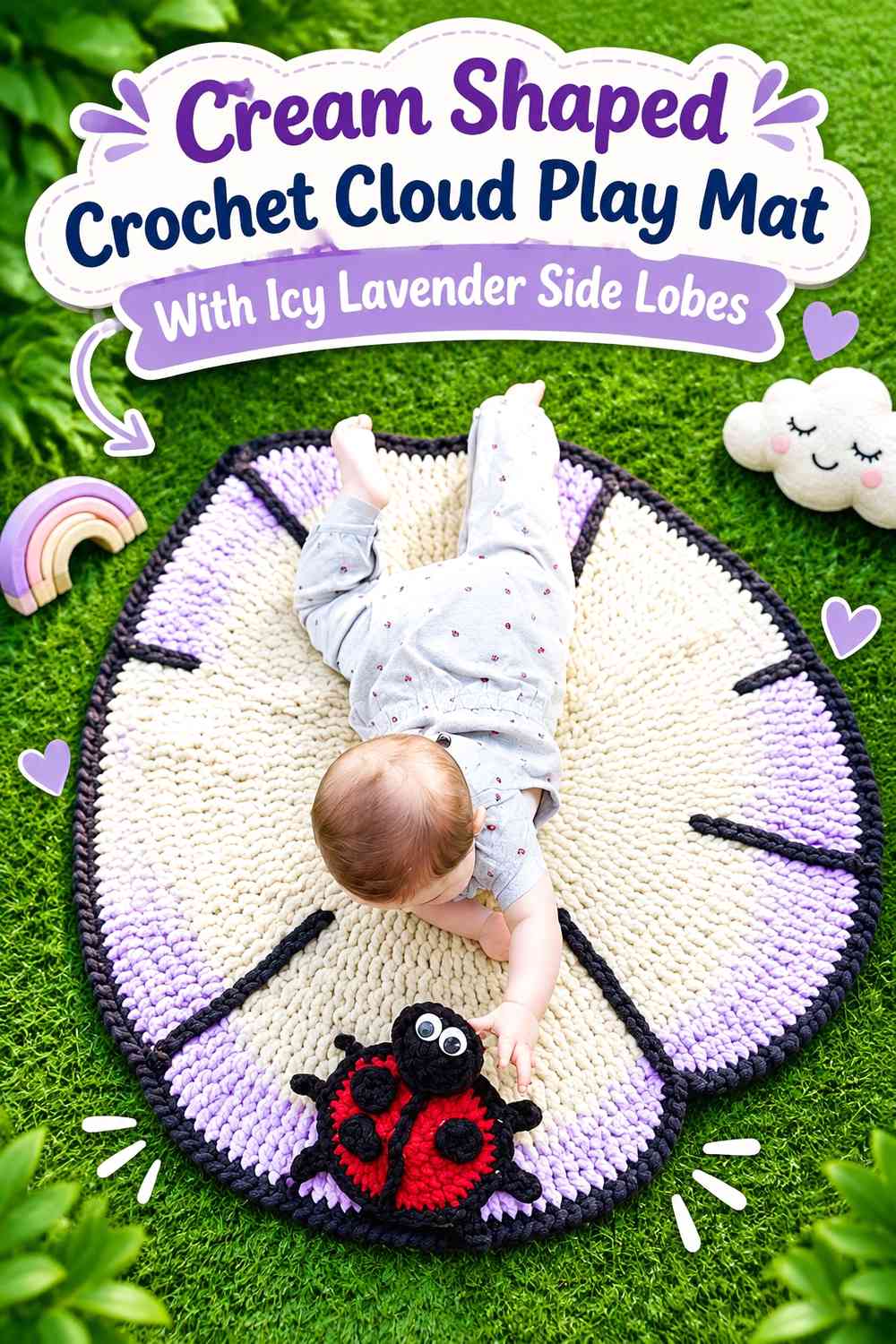 Cream Shaped Crochet Cloud Play Mat With Icy Lavender Side Lobes