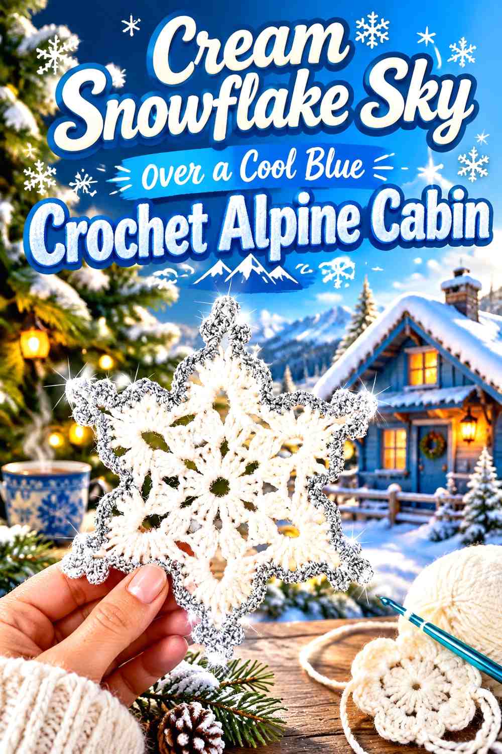 Cream Snowflake Sky over a Cool Blue Crochet Alpine Cabin