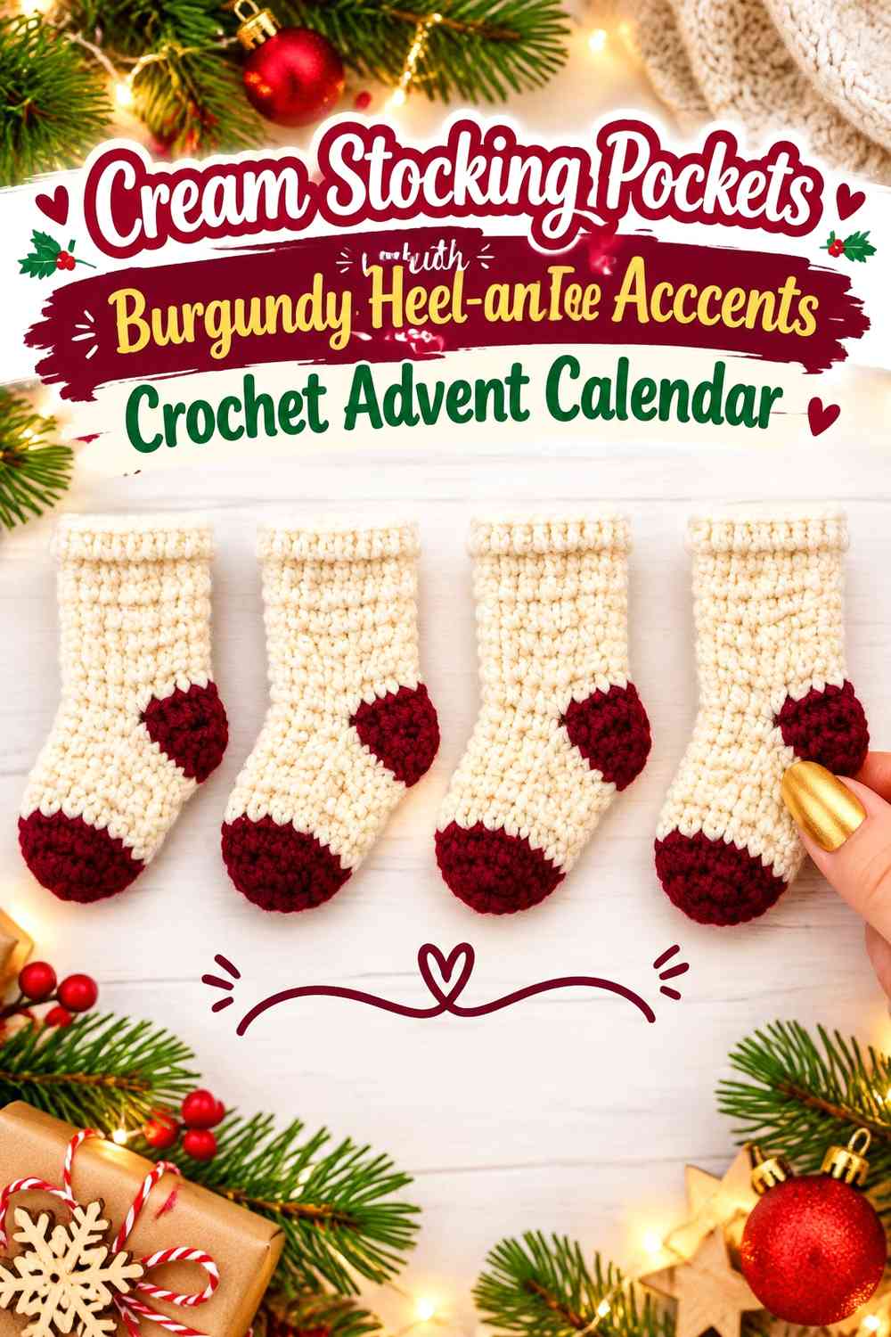 Cream Stocking Pockets with Burgundy Heel-and-Toe Accents Crochet Advent Calendar