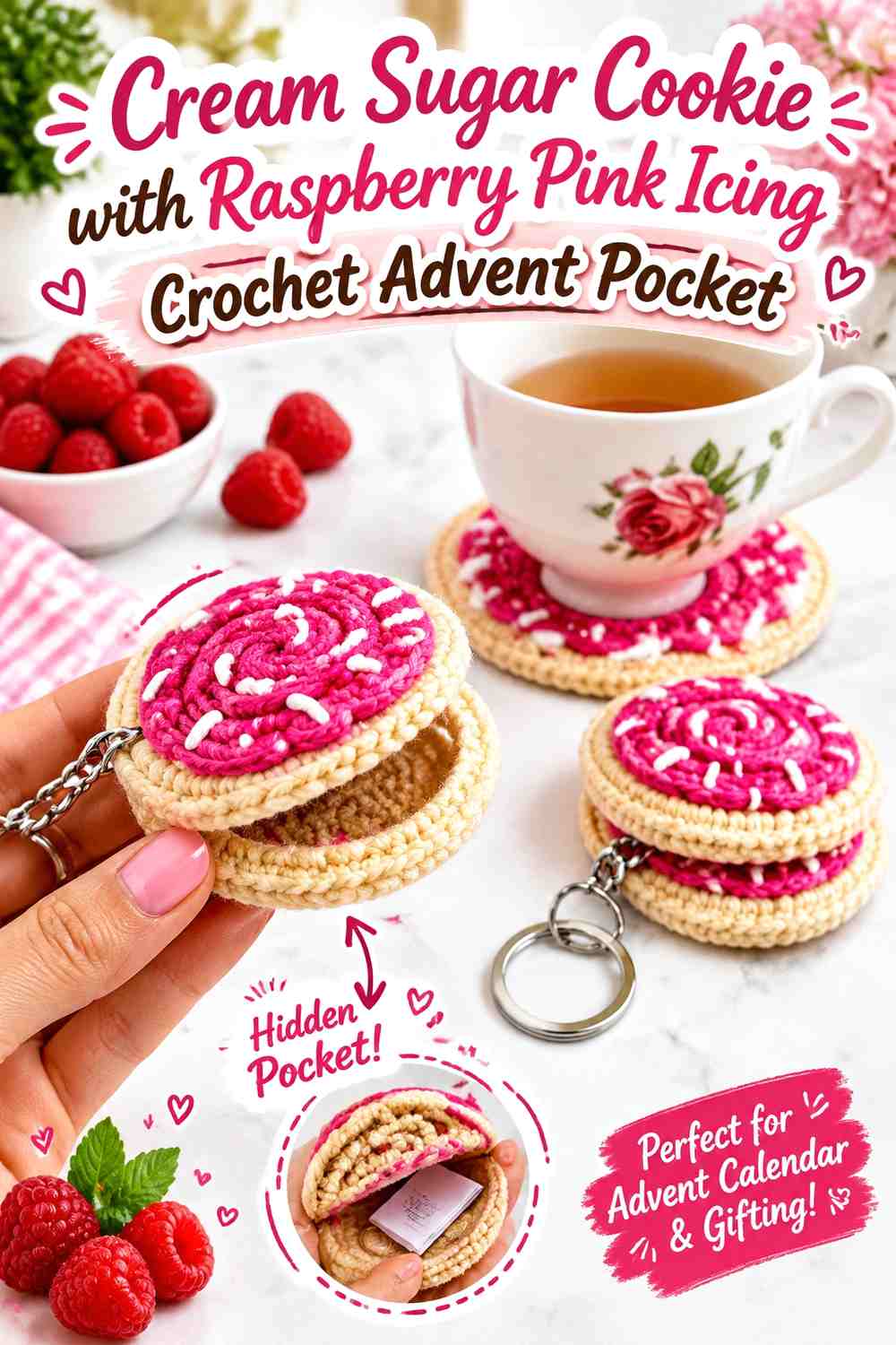 Cream Sugar Cookie with Raspberry Pink Icing Crochet Advent Pocket