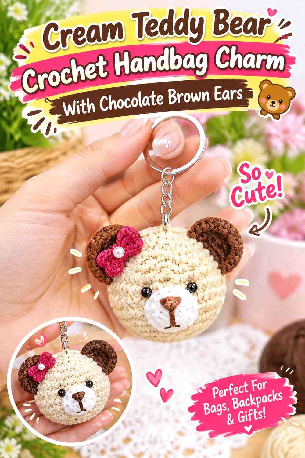 Cream Teddy Bear Crochet Handbag Charm With Chocolate Brown Ears