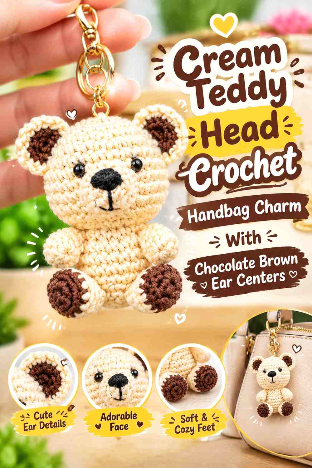 Cream Teddy Head Crochet Handbag Charm With Chocolate Brown Ear Centers