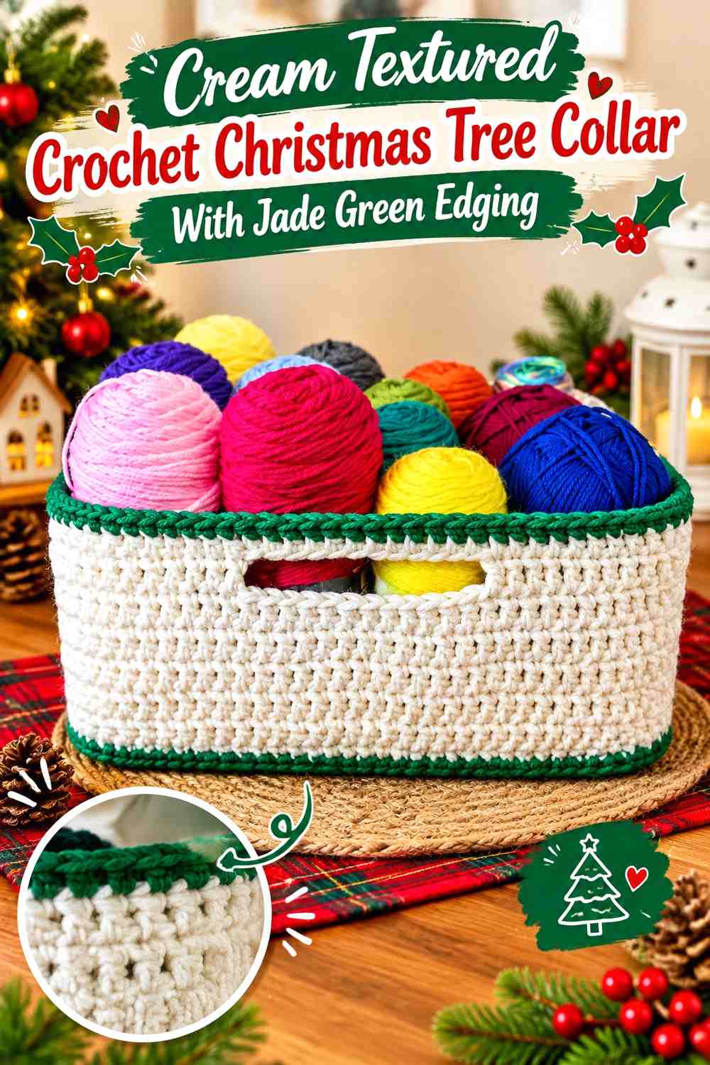 Cream Textured Crochet Christmas Tree Collar With Jade Green Edging