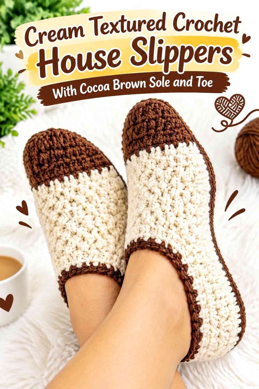Cream Textured Crochet House Slippers With Cocoa Brown Sole and Toe