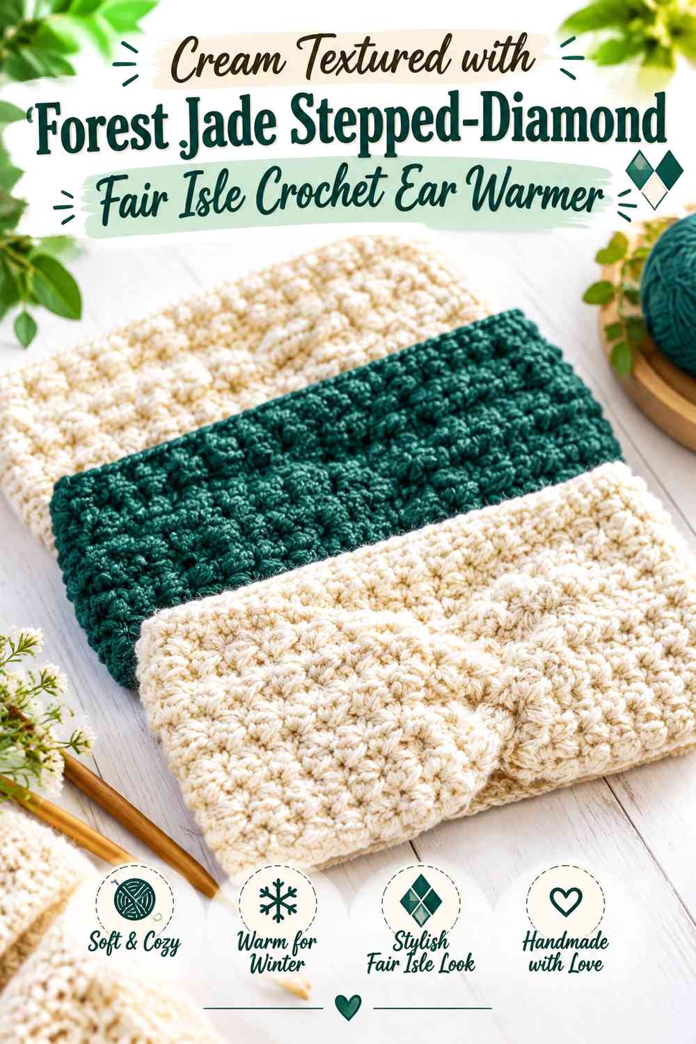 Cream Textured with Forest Jade Stepped-Diamond Fair Isle Crochet Ear Warmer