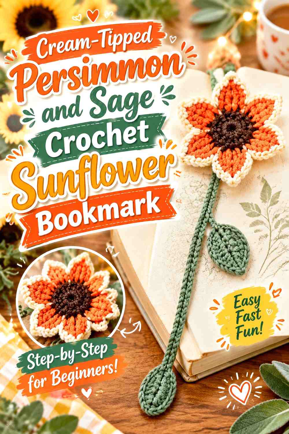 Cream-Tipped Persimmon and Sage Crochet Sunflower Bookmark