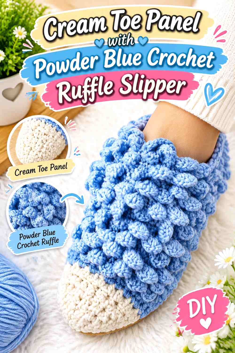 Cream Toe Panel with Powder Blue Crochet Ruffle Slipper