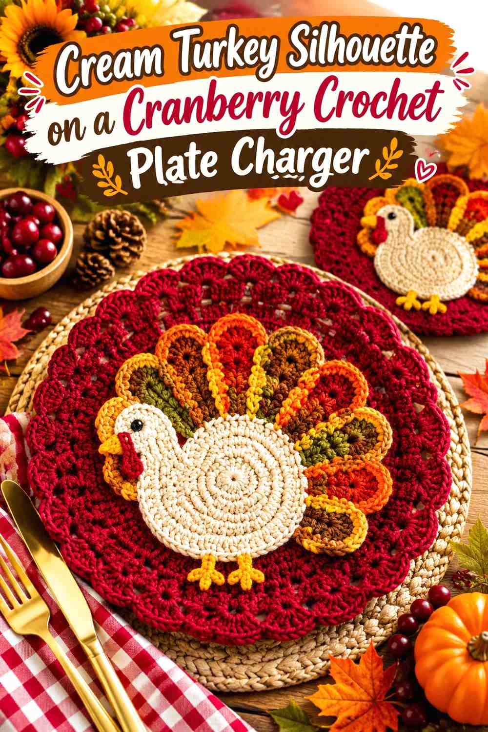Cream Turkey Silhouette on a Cranberry Crochet Plate Charger