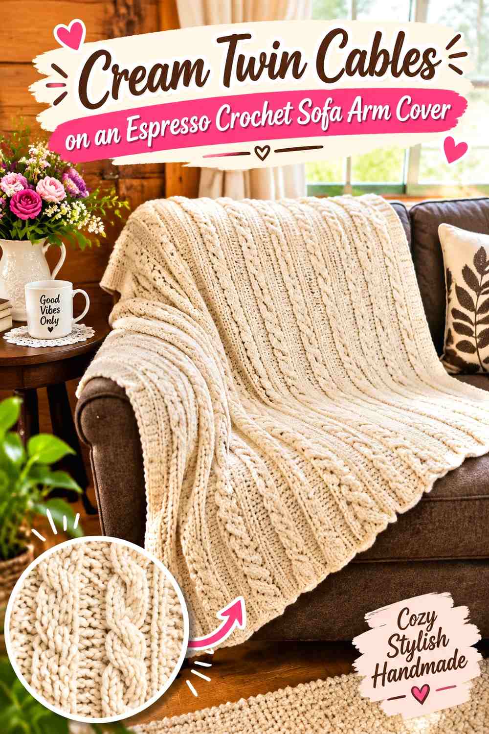 Cream Twin Cables on an Espresso Crochet Sofa Arm Cover