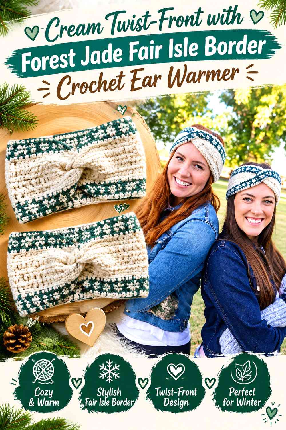 Cream Twist-Front with Forest Jade Fair Isle Border Crochet Ear Warmer