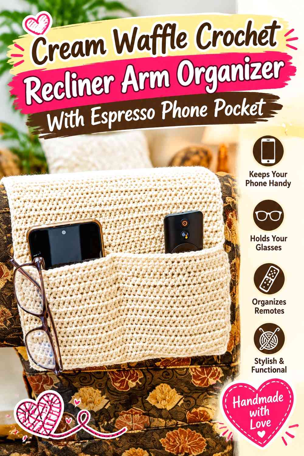 Cream Waffle Crochet Recliner Arm Organizer With Espresso Phone Pocket