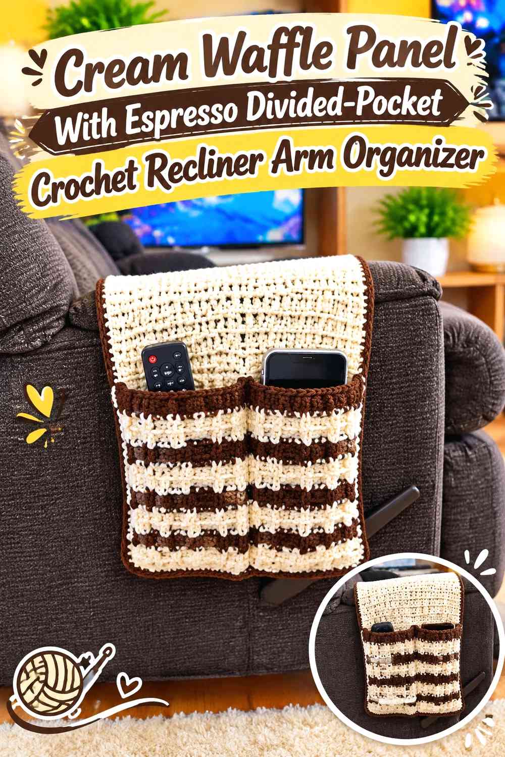 Cream Waffle Panel With Espresso Divided-Pocket Crochet Recliner Arm Organizer