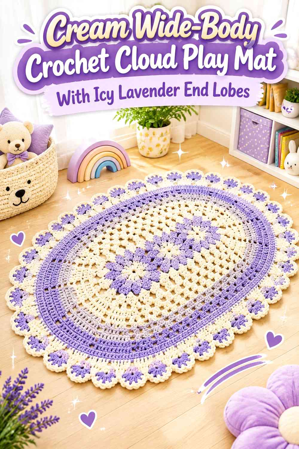 Cream Wide-Body Crochet Cloud Play Mat With Icy Lavender End Lobes