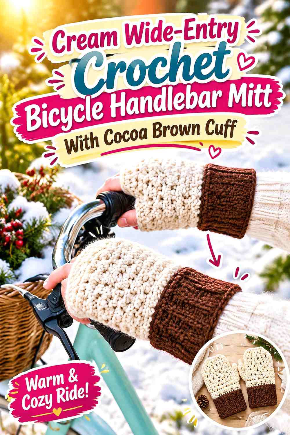 Cream Wide-Entry Crochet Bicycle Handlebar Mitt With Cocoa Brown Cuff